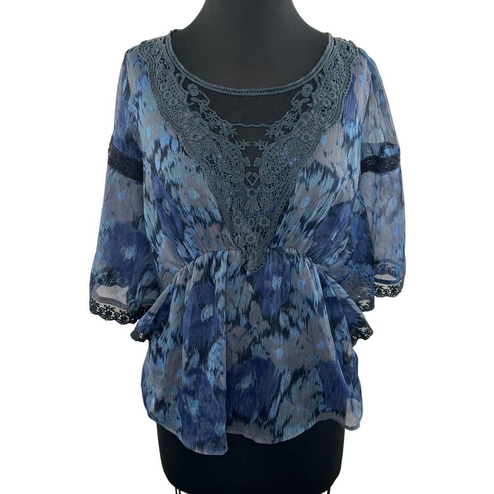 FREE PEOPLE Blue Round Neck Dolman Sleeve Lace Detail Cinched Waist Blouse Sz S